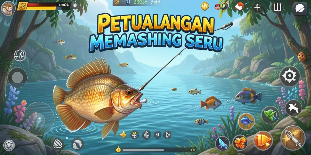 Screenshot gameplay <strong>34R</strong> menunjukkan keseruan memancing di alam terbuka.