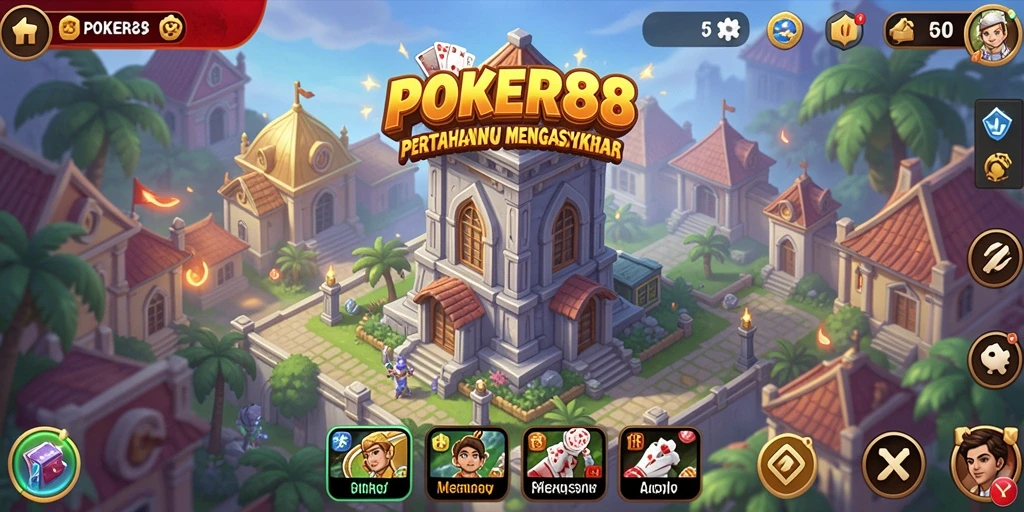 Screenshot utama dari gameplay Tower Defense POKER88 yang menegangkan.