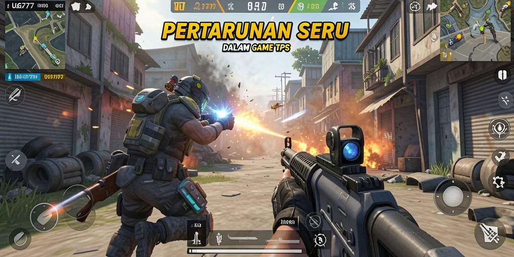 Tangkapan layar utama menunjukkan aksi gameplay TPS yang intens.